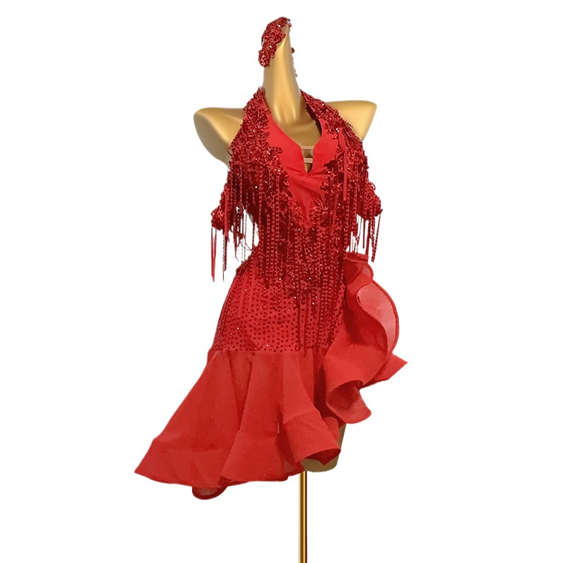 Custom Size Dark Green Ruffles Latin Dance Dresses for Women Girls Salsa Rumba Chacha Red Performance Clothing