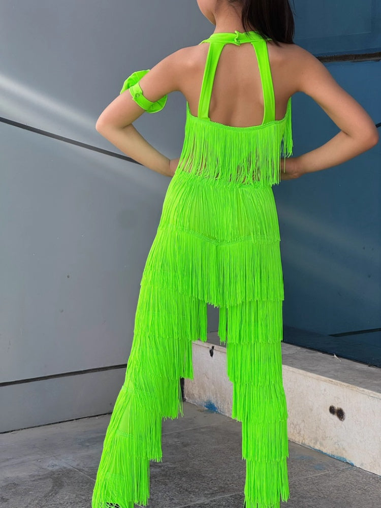 Neon Green Girls Latin Dance Dress Fringe Romper: Kids Cha Cha Leotard Professional Competition & Performance Outfit