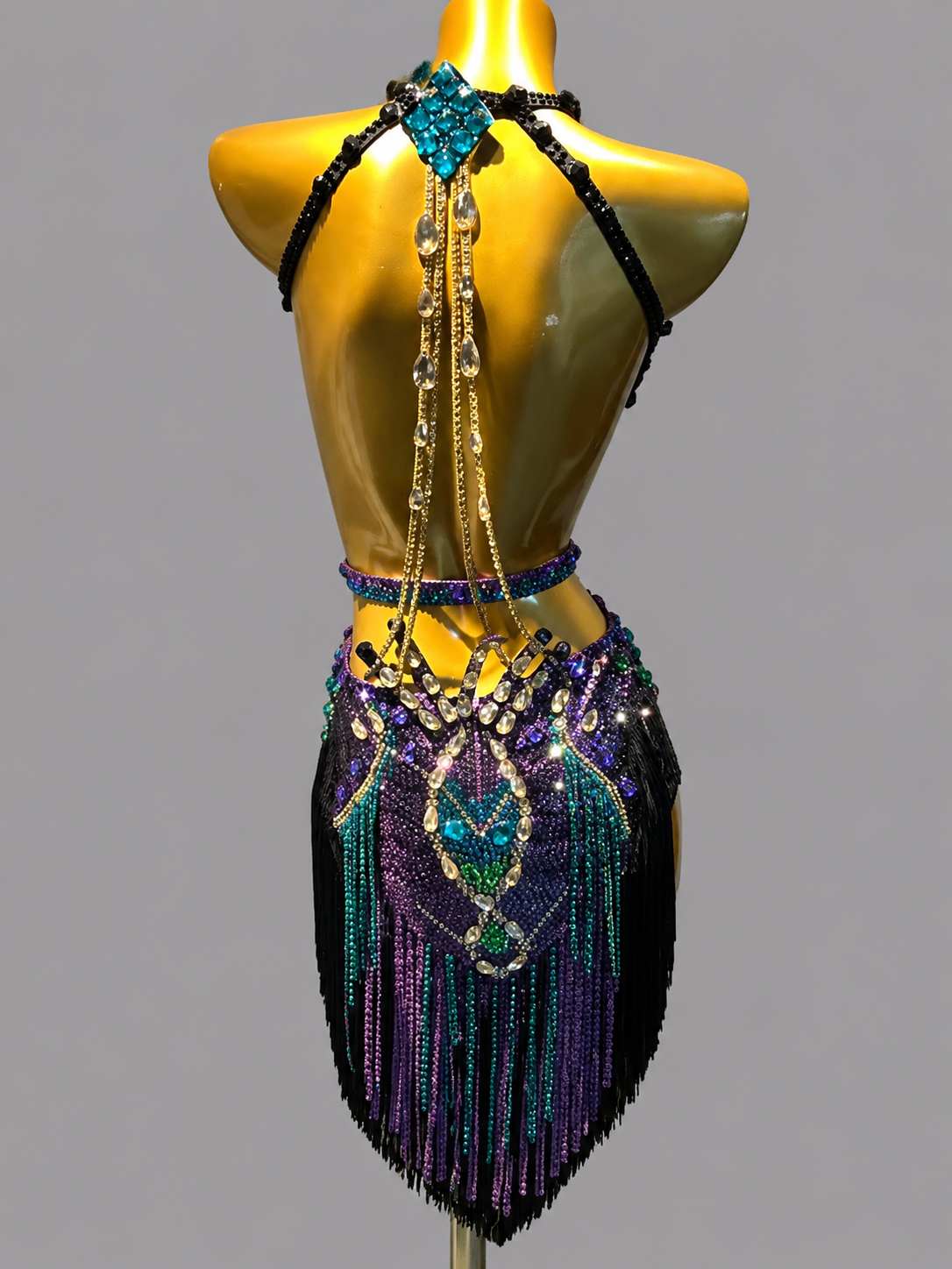 Custom Peacock Latin Dance Dress  Crystal Tasseled Blackpool Competition Costume