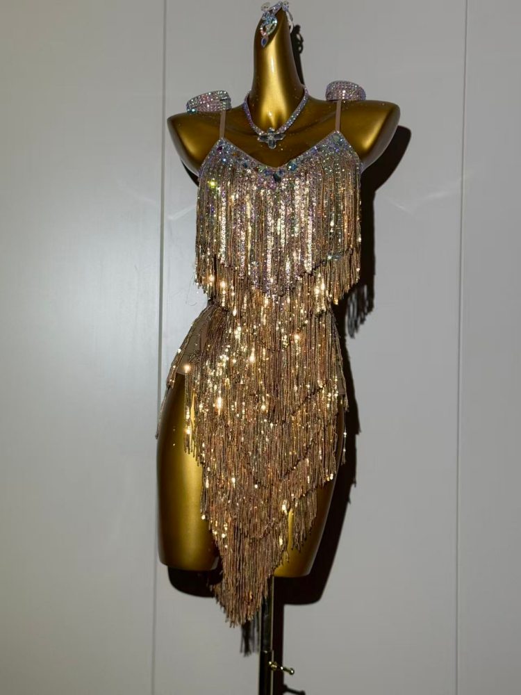 Custom Blue & Purple Sequin Latin Dance Dress Rhinestone Salsa Gown