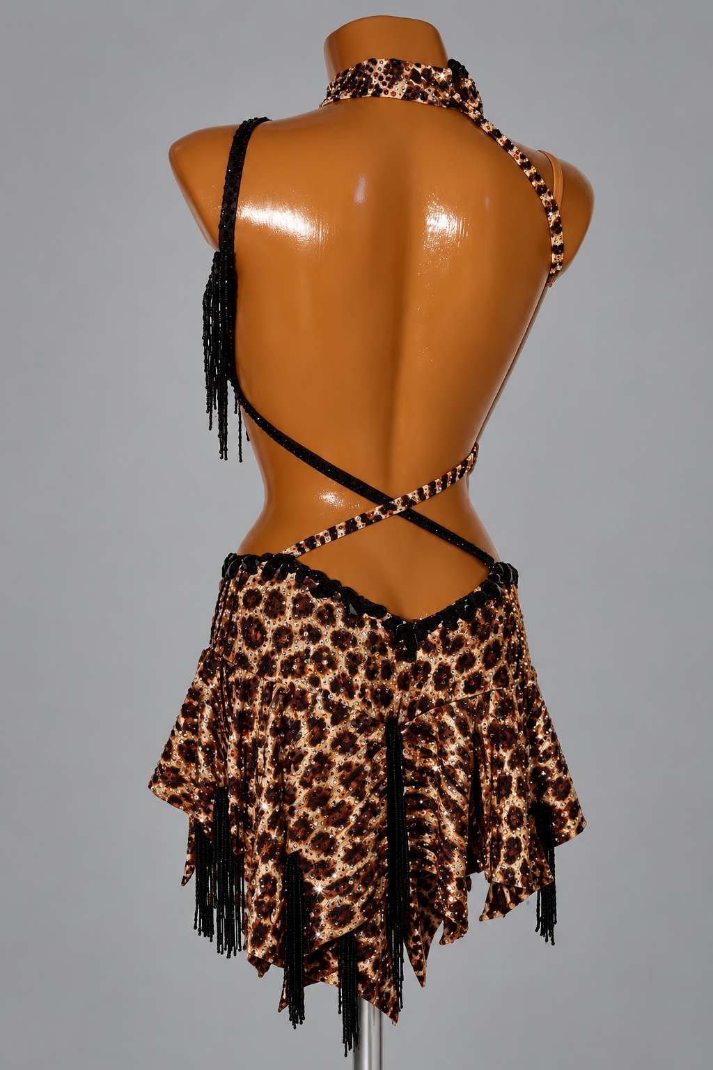 Custom Leopard & Black Competition Latin Dress - Sparkly Gold Crystal Samba Salsa Dancewear
