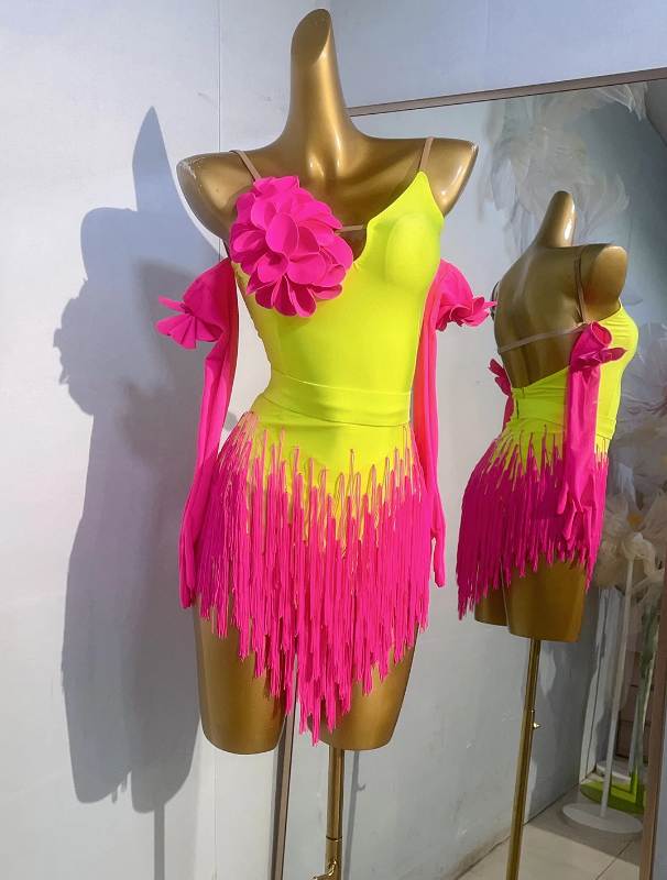 Custom Size Yellow Pink Latin Dance Dresses for Women Fringe Competition Salsa Rumba Chacha Dance Costumes
