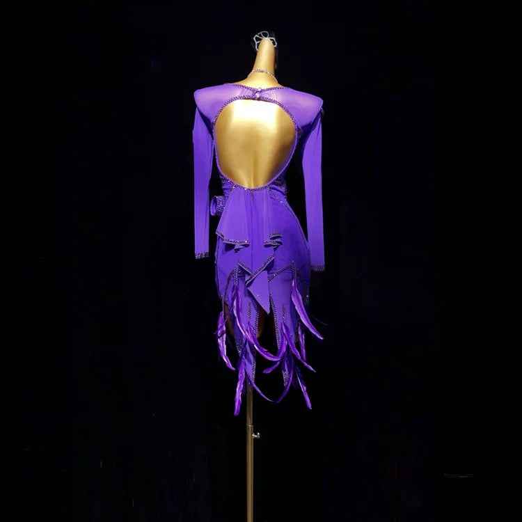 Custom Size Violet Feather Competition Latin Dance Dress Salsa Rumba Chacha Blackpool Dancing Wear