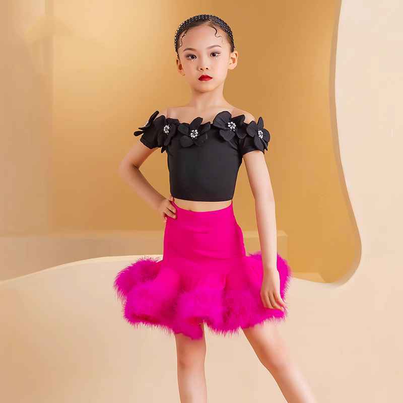 Hot Pink Feather Black Flowers Latin Dance Dresses for Girls Kids Dew Shoulder Salsa Rumba Chacha Ballroom Modern Dancing Outfits Performance Test Clothes - Moderndancedress.com