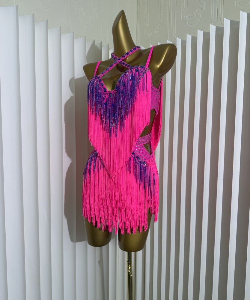 Custom Size Fuchsia Competition Latin Dance Dress Salsa Chacha Blue Bling Fringe