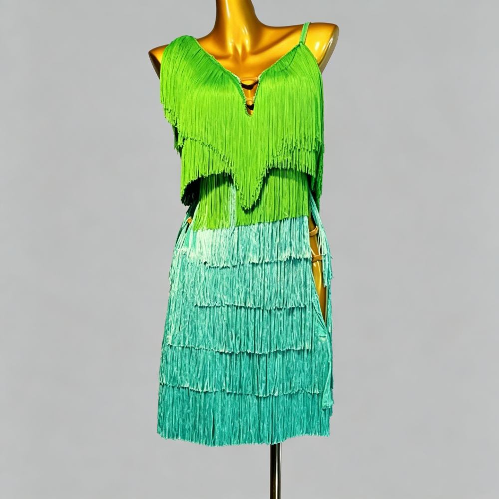Custom Size Gradient Green Latin Dance Dress Tiered Fringe Spaghetti Strap Professional Ballroom Dance Costume