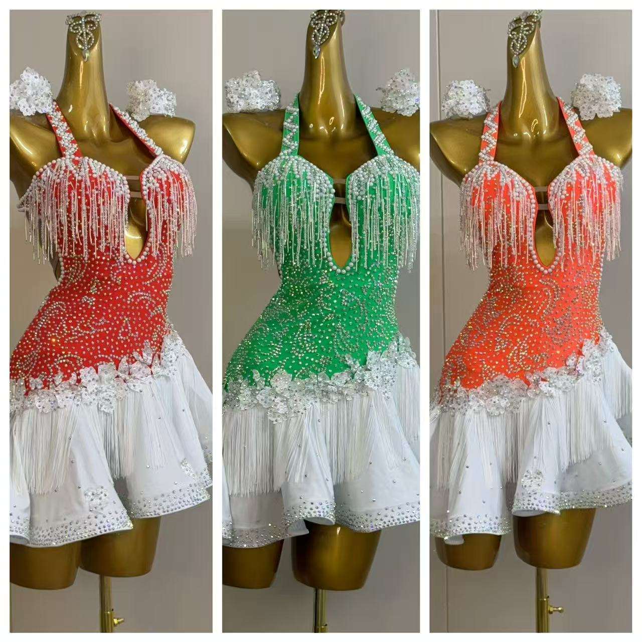 Custom Orange and White Latin Dance Dress - Rhinestone Fringe Salsa Wear