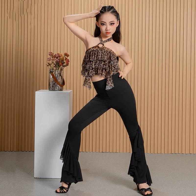 Girls Latin Dance Costumes Kids Leopard Ruffles Salsa Rumba Chacha Performance Clothes Tops and Pants
