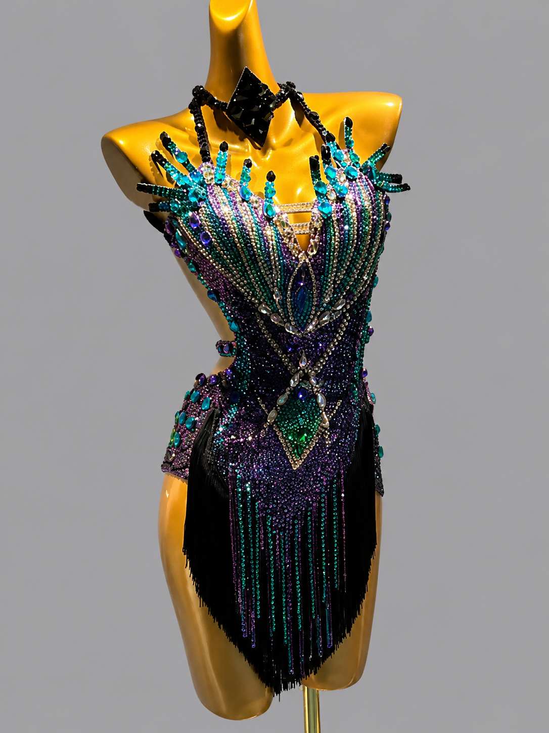 Custom Peacock Latin Dance Dress  Crystal Tasseled Blackpool Competition Costume