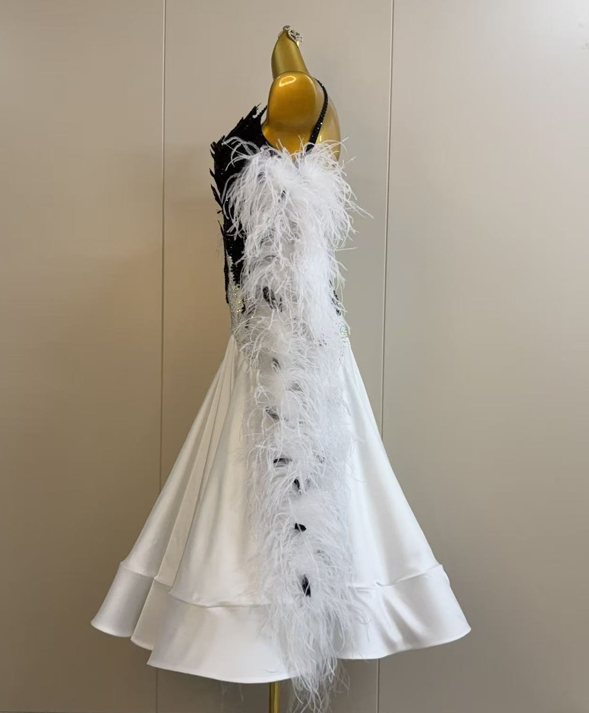 Custom Black and White Ballroom Dance Dress with Ostrich Feathers & Crystals Smooth Dancing Gown