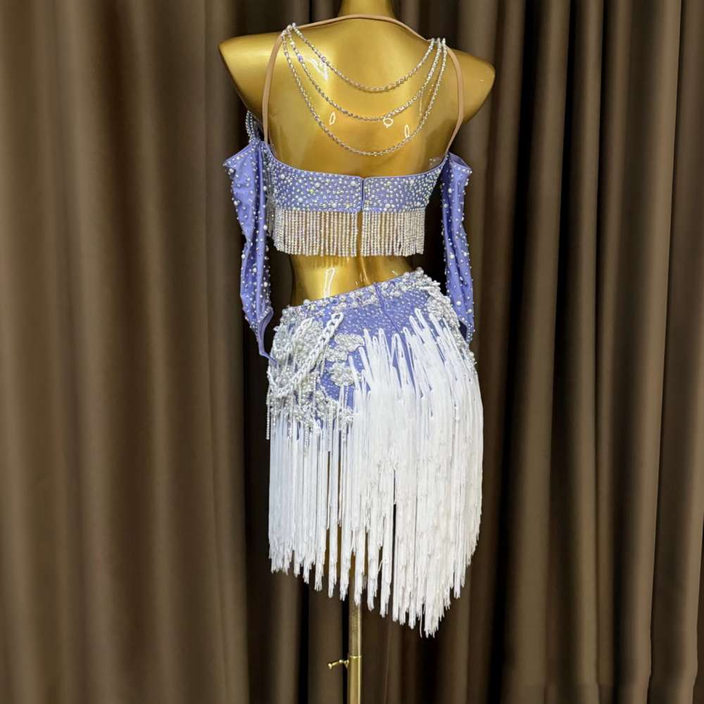 Custom Size Blue Fuchsia White Fringe Competition Latin Dance Dress Crystal Blackpool Dance Wear