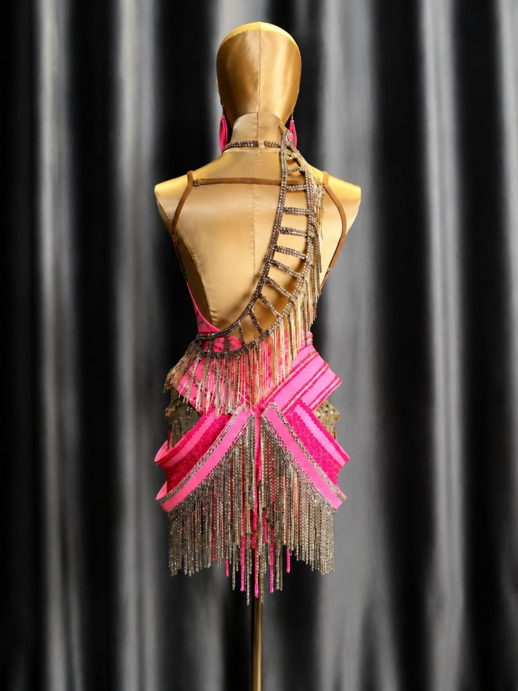 Custom Orange Latin Dance Dress for Competition | Gold Rhinestone Fringe Blackpool Costume