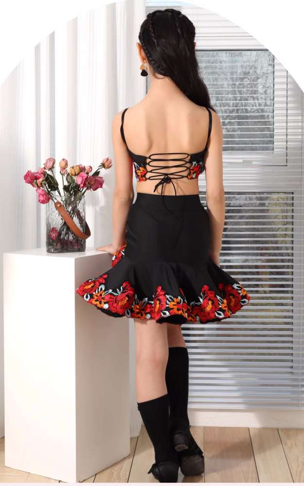 Girls black with rose flowers Latin Dance dresses Children's ballroom salsa rumba chacha Dance Clothing for kids - Moderndancedress.com