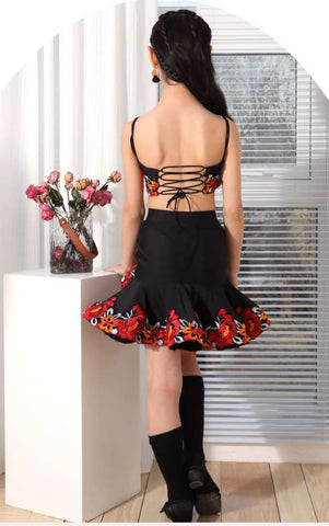 Girls black with rose flowers Latin Dance dresses Children's ballroom salsa rumba chacha Dance Clothing for kids - Moderndancedress.com