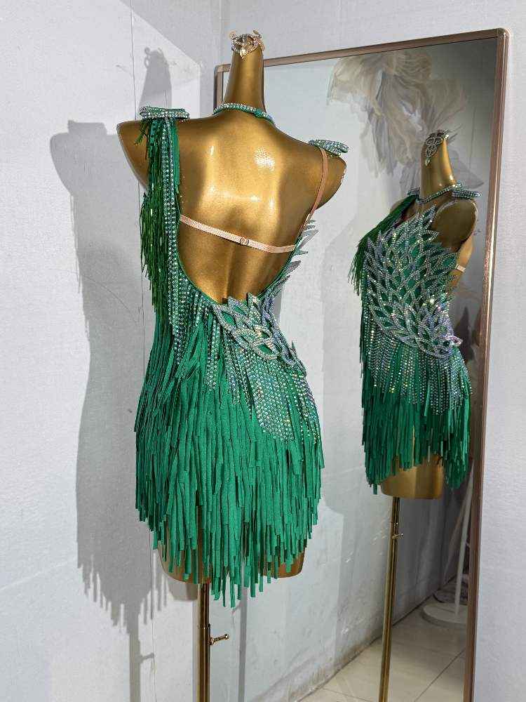 Custom Size Green Fringe Competition Latin Dance Dresses for Women Girls Salsa Rumba Chacha Blackpool Dance Clothes