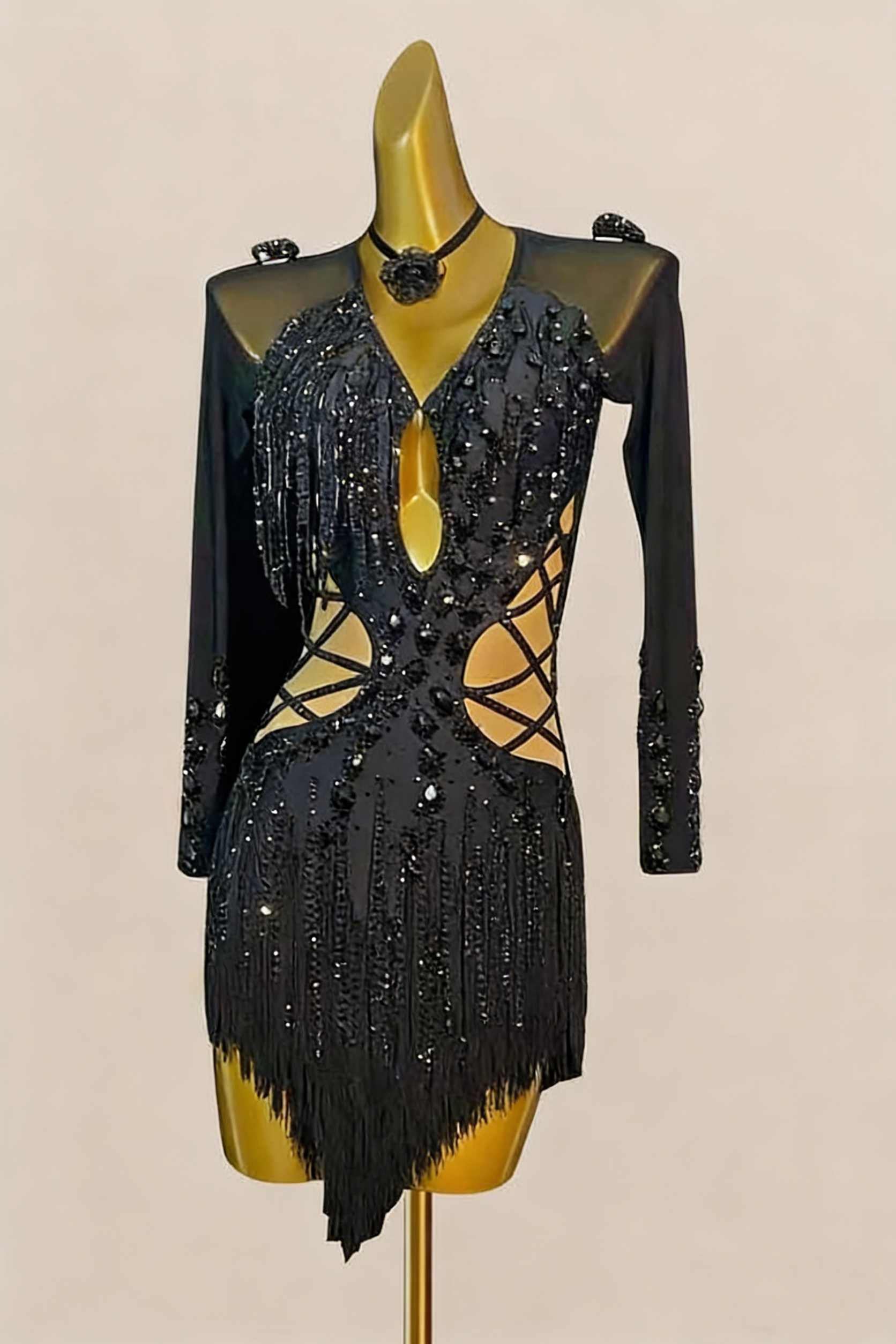 Custom Size Black Crystal Latin Dance Dress Salsa Chacha Performance Costumes
