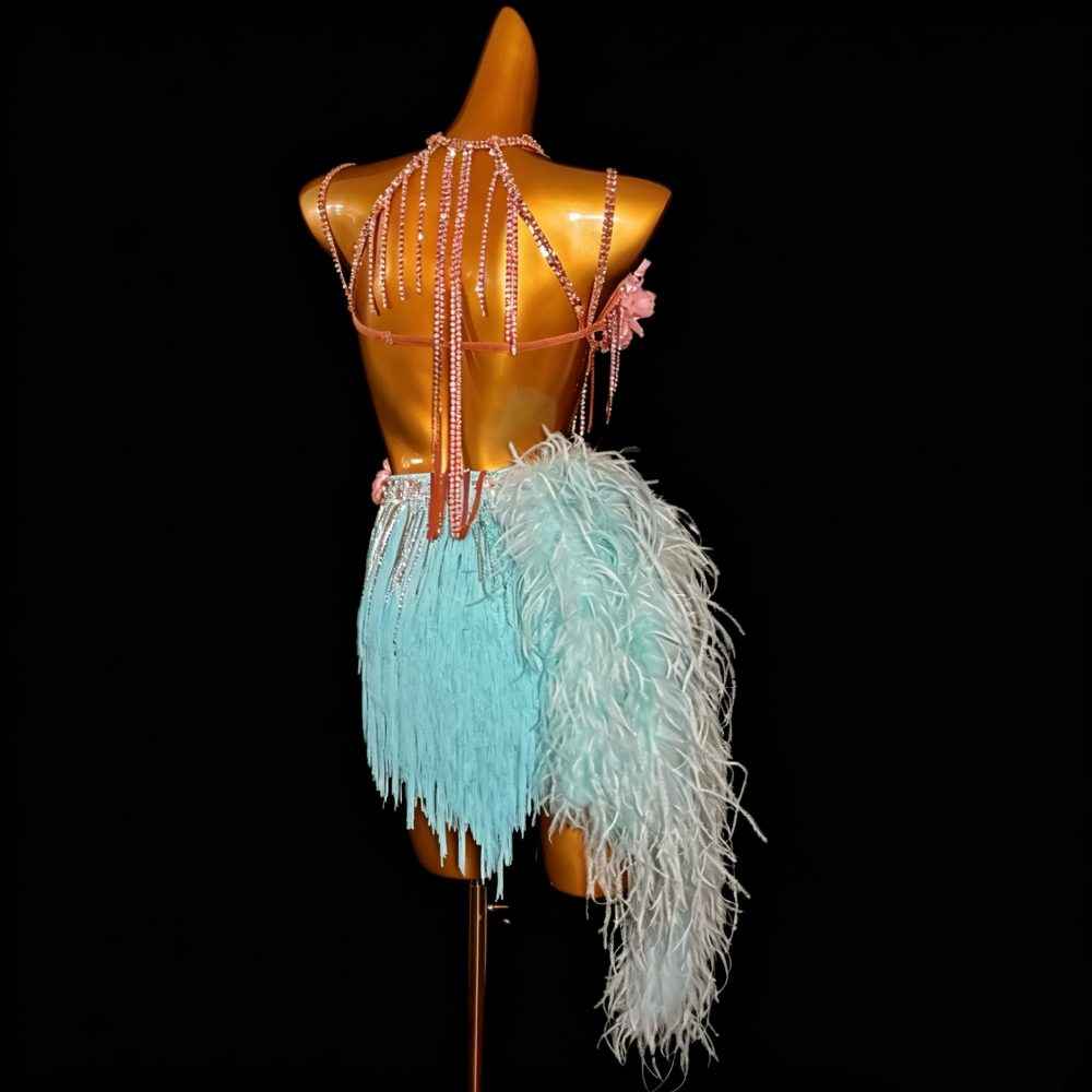 Custom Blue Fringe Latin Dance Dress - 3D Pink Floral Feather Blackpool Competition Costume
