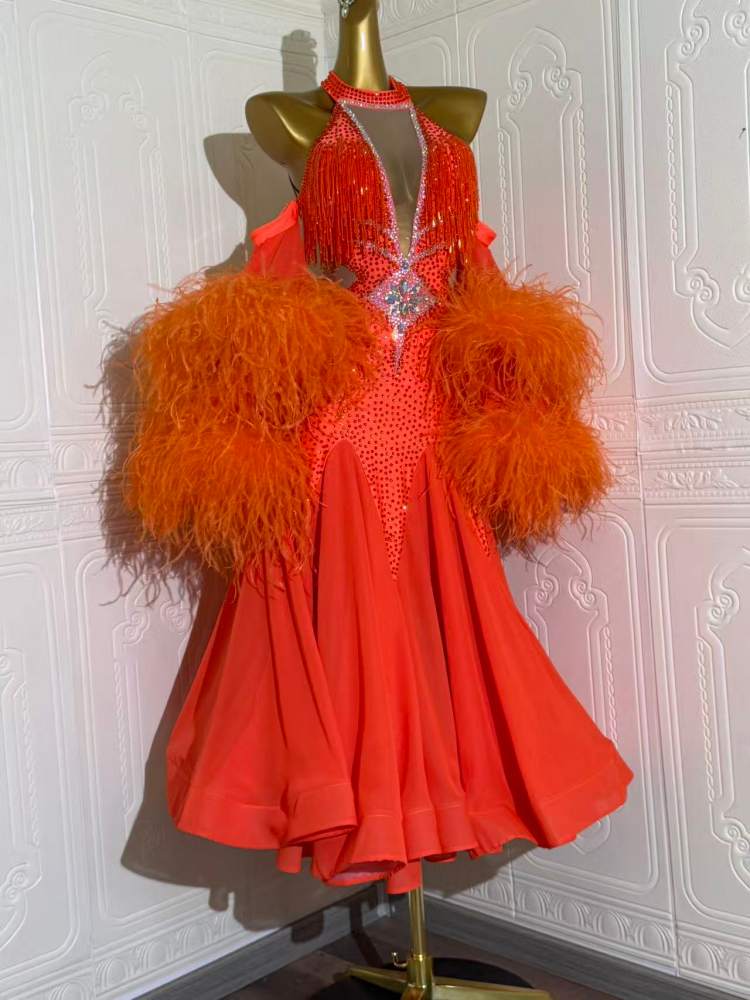 Custom Size Royal Blue Orange Competition Ballroom Dance Dresses for Women Girls Waltz Tango Dancing Gown