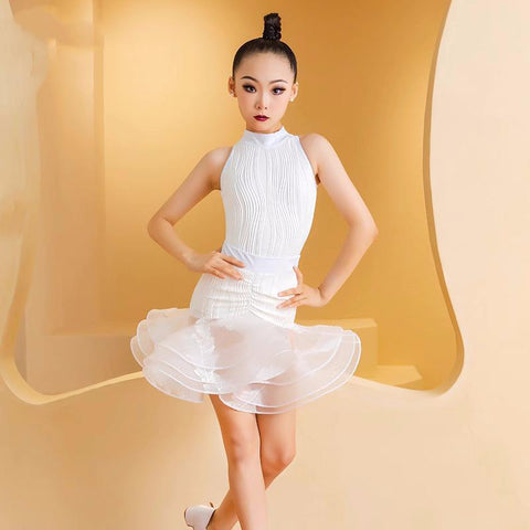 White lace Latin dance dresses for girls kids white turtleneck sleeveless flowers ballroom salsa Latin dance performance wear - Moderndancedress.com