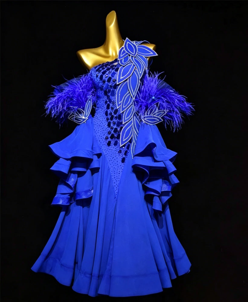 Custom Size Fuchsia Blue Feather Petal Competition Ballroom Dance Dress Smooth Foxtort Blackpool Dance Gown