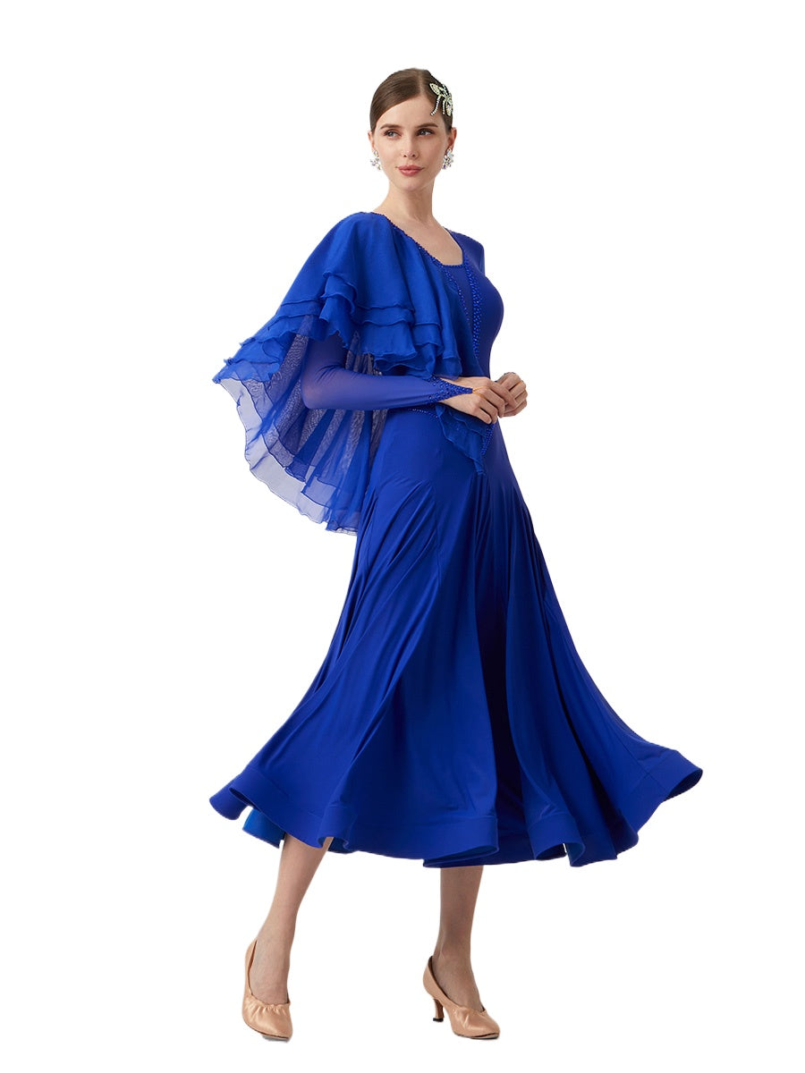 Custom Size Royal Blue Ballroom Dance Dresses Ruffles Neck Smoth Waltz Tango Dance Long Gown