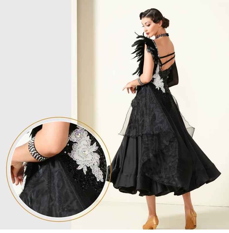 Custom Size Black Sequin Feather Competition Ballroom Dance Dress Glitter Waltz Tango Gown