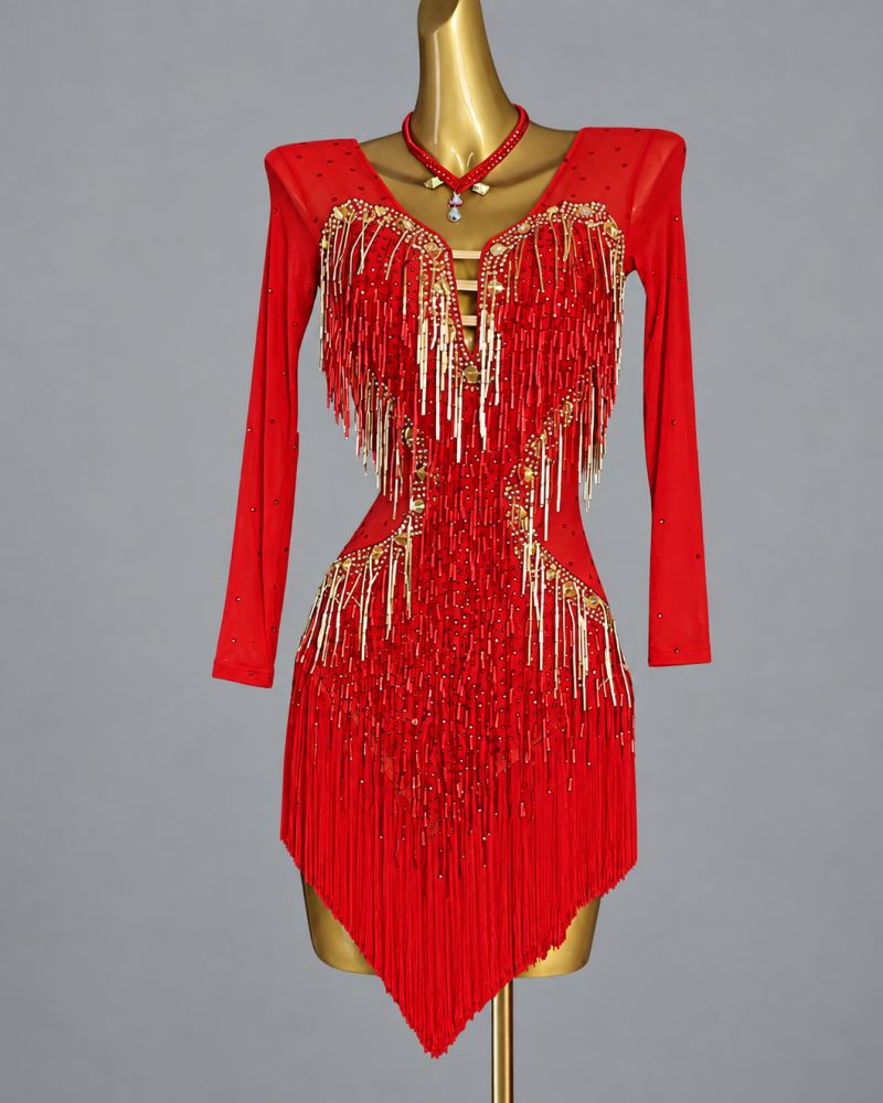 Custom Royal Blue Long Sleeve Latin Dance Dress with Gold Rhinestone Fringe