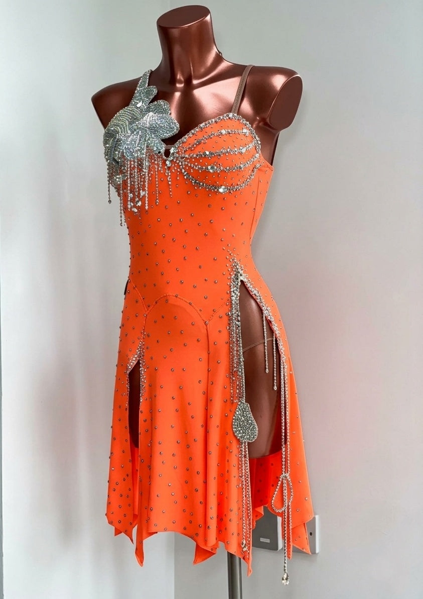 Custom Orange Sparkling Crystals Latin Competition Dress Salsa Dance Gown
