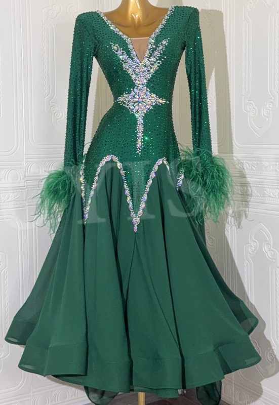 Custom Size Dark Green Competition Ballroom Dance Dresses Feather Diamond Waltz Tango Performance Long Gown