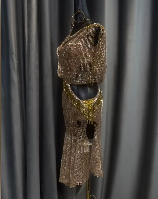 Gold Bling Mesh Latin Dance Dress | Couture Sparkle Blackpool Dance Wear