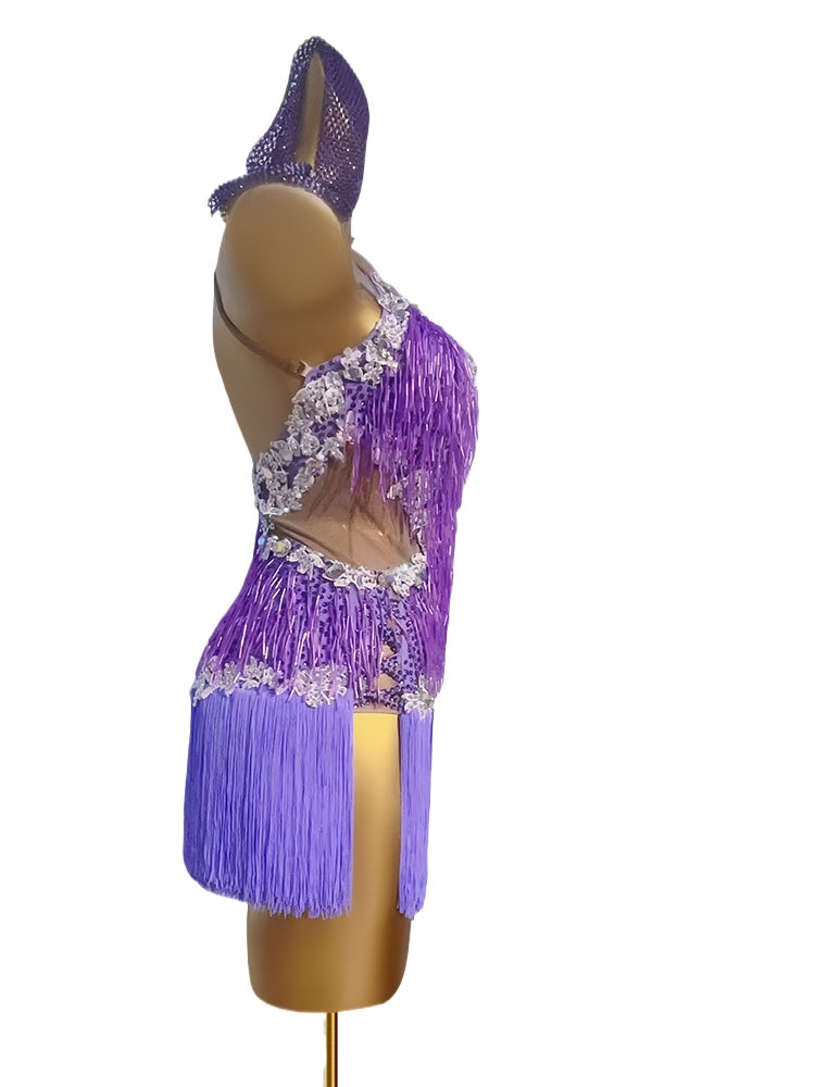 Custom Size Violet Bling Fringe Latin Dance Dresses for Women Girls Salsa Rumba Chacha Dance Costume - Moderndancedress.com