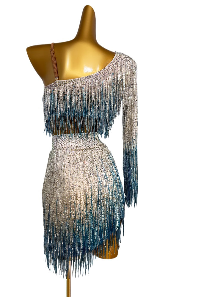 Custom Size Blue Gradient Fringe Competition Latin Dance Dresses for Women Girls One Shoulder