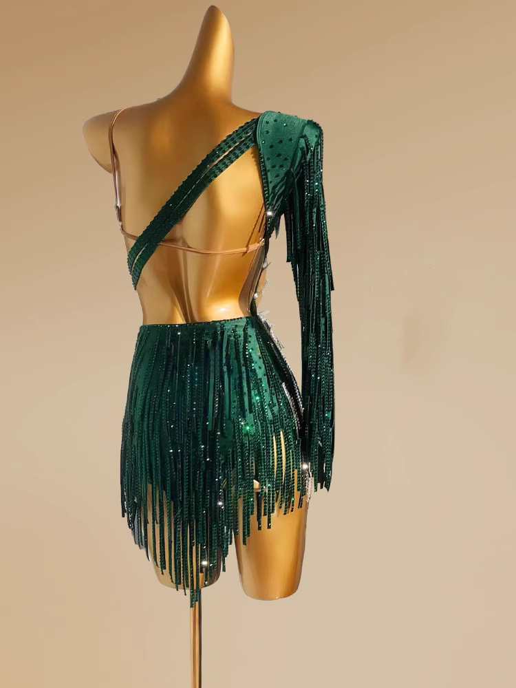 Custom Size Dark Green Competition Latin Dance Dresses for Women Girls Salsa Rumba Chacha Dance Outfits - Moderndancedress.com