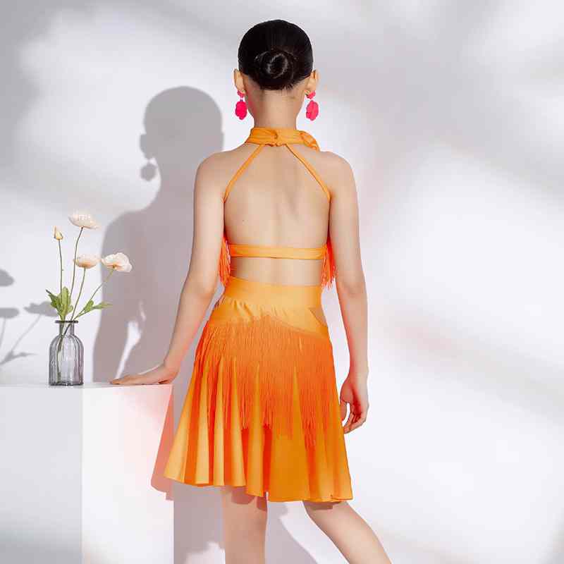 Green Purple Orange Tassels Latin Dance Performance Dresses for Girls Kids Studio Salsa Latin Chacha Ballroom Performance Outfits for Children - Moderndancedress.com