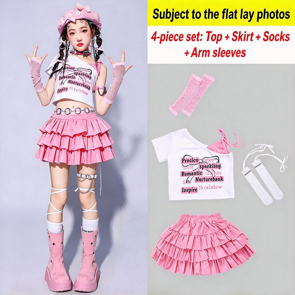 Girls Pink Jazz Dance Costumes K-Pop Dance Outfits - Tiered Mini Skirt Cargo Pants & Crop Top