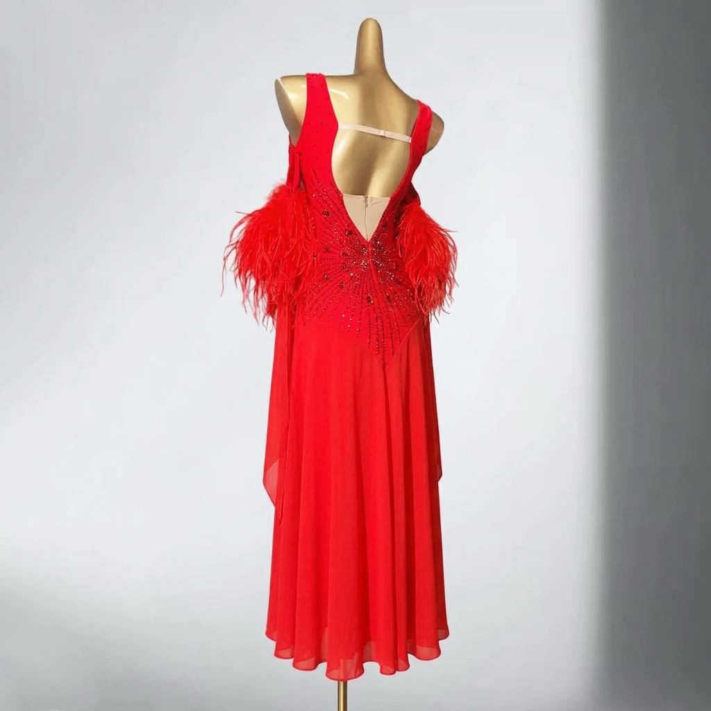 Custom Blue Red American Smooth Dress Ballroom Competition Dance Gown with Feathers & Crystals