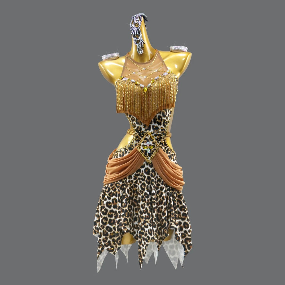 Custom Professional Leopard Latin Dance Competition Dress for Young Girls with Gold Fringe