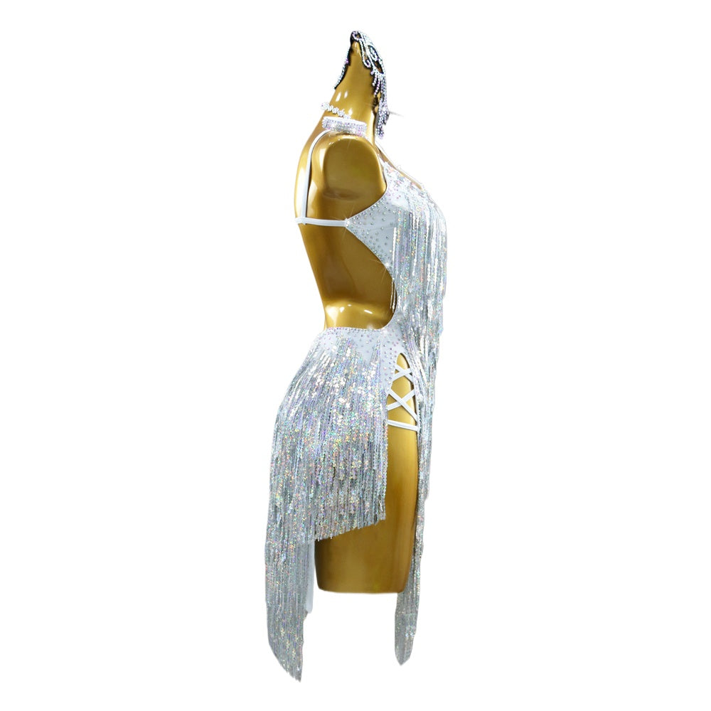 Silver Sequin Glitter Latin Dance Dresses for Women Girls Salsa Rumba Chacha Blackpool Dancing Costumes - Moderndancedress.com