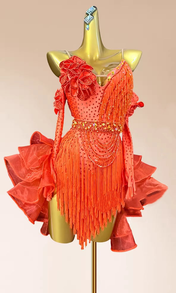 Custom Size Orange Pink Competition Latin Dress for Women Tuxedo Skirt with Gloves