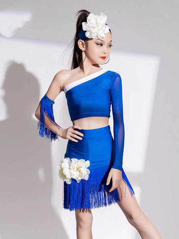 One Shoulder Slant Neck Latin Dance Dresses for Kids Girls Dark Green Blue Flowers Long Sleeves Salsa Rumba Chacha Tassels Performance Clothes - Moderndancedress.com