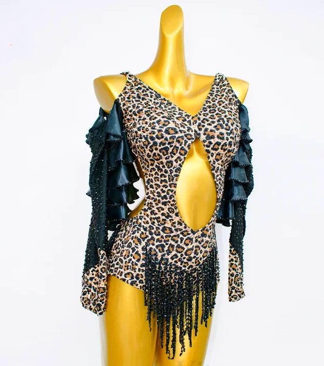 Custom Size Rhinestones Leopard Latin Dance Dresses for Women Girls Salsa Rumba Blackpool Competition Costumes