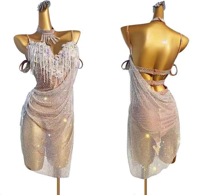 Custom Size Latin Dance Dresses for Women Mesh Diamond Salsa Rumba Chacha Dancing Costumes