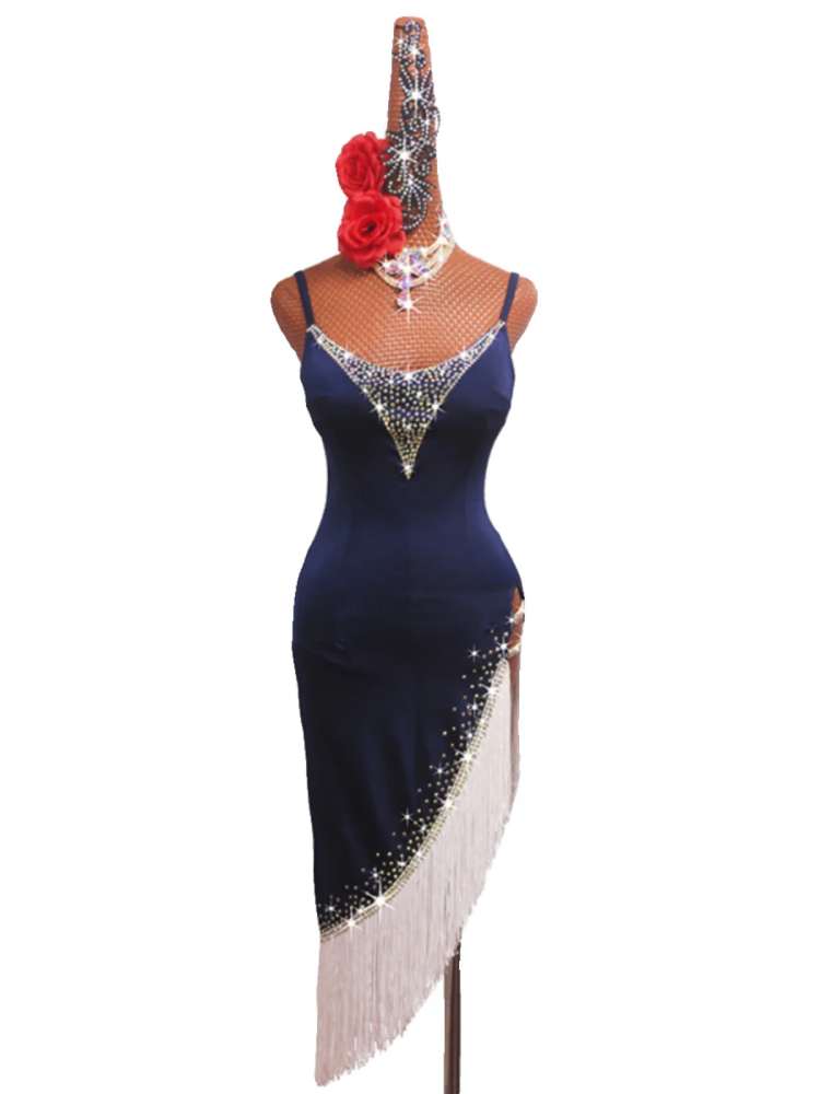 Navy white tassels competition Latin dance dresses for adult girls children latin ballrom salsa rumba chacha side split dance wear - Moderndancedress.com