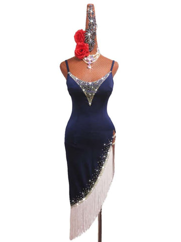 Navy white tassels competition Latin dance dresses for adult girls children latin ballrom salsa rumba chacha side split dance wear - Moderndancedress.com