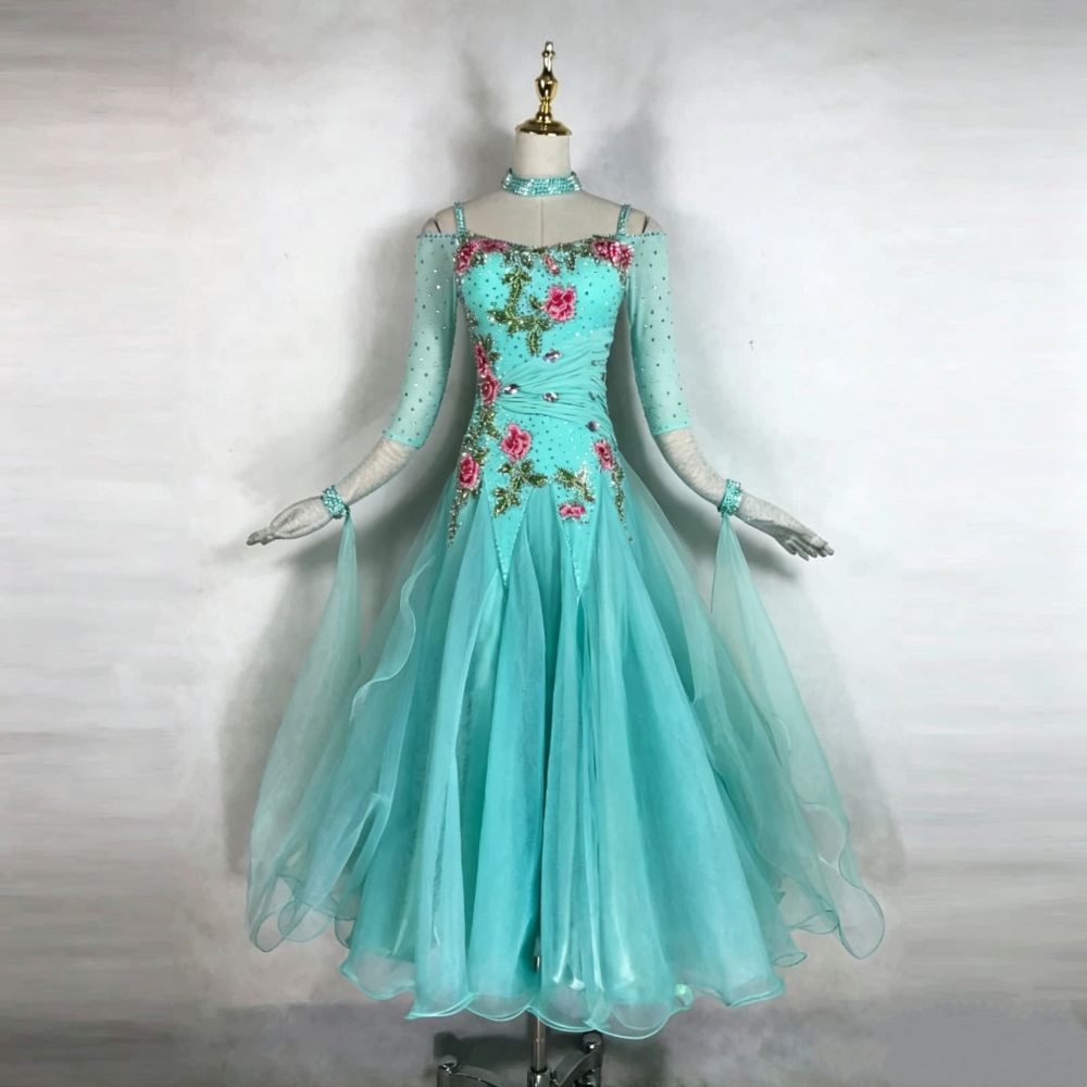 Custom Blue Competition Ballroom Dance Dress with Pink Floral Appliques