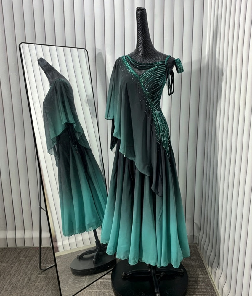 Custom Emerald Ombre American Smooth Ballroom Dress Crystal Competition Gown