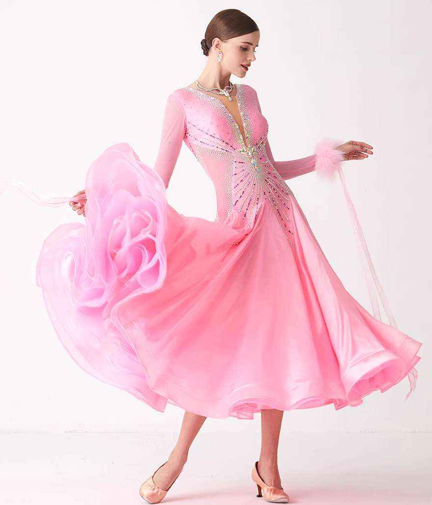 Custom Size Pink Feather Competition Ballroom Dance Dresses for Women Girls National Standard Waltz Tango Rhythm Dancing Gown