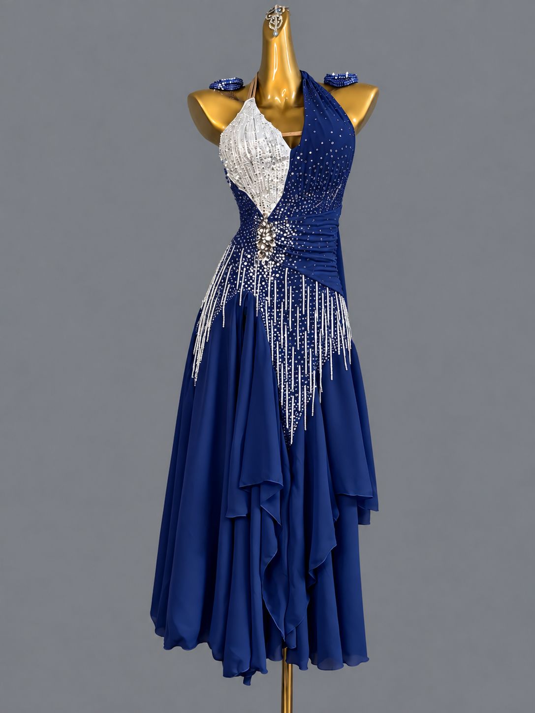 Custom American Smooth Dress Blue Pink Halter Neck Ballroom Dance Gown