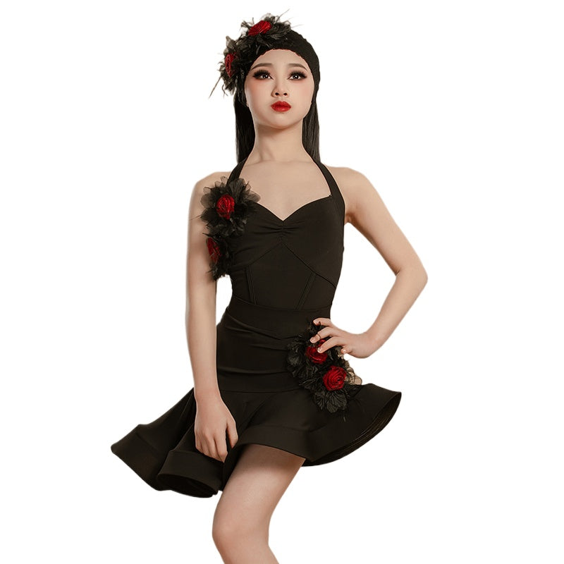 Black White Flowers Latin Dance Dresses for Girls Kids Salsa Rumba Dance Irregular Skirts with headband - Moderndancedress.com