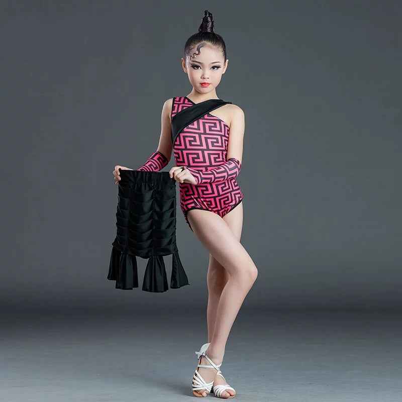 Girls Latin Dance Dress Fuchsia Plaid Fringe Slant Neck Salsa Chacha Dance Costume for Kids